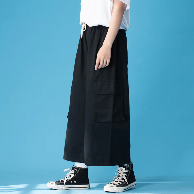 Female Casual Pants Women Loose Wide Leg Pockets Cargo Trousers Korean 2021 New Spring Autumn Drawstring Ankle Length Britches