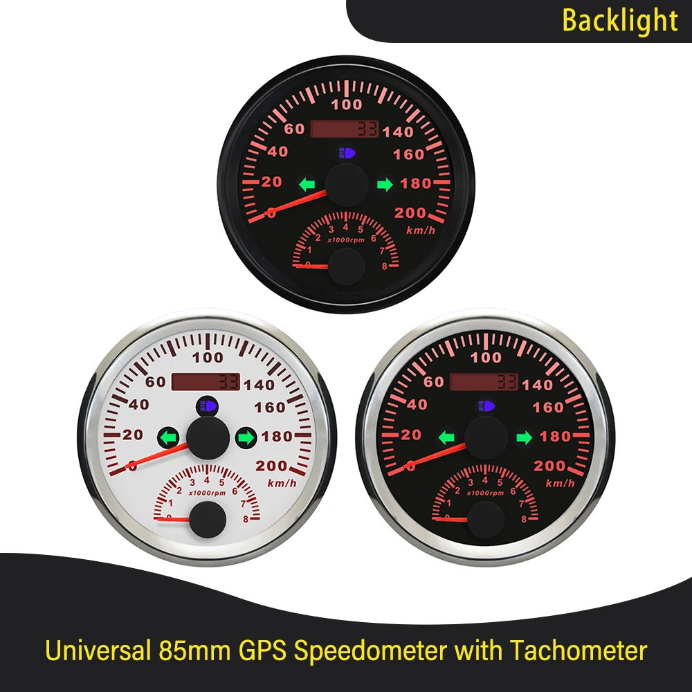 Водонепроницаемый 85 мм 0-200 км/ч GPS Спидометр 0-8000 об/мин Тахометр вращающийся