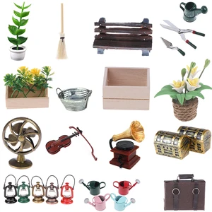 Лейка ножницы Лопата вентилятор деревянный стул цветок в горшке керосиновая лампа скрипка Ванна 1:12 кукольный домик украшения Аксессуары