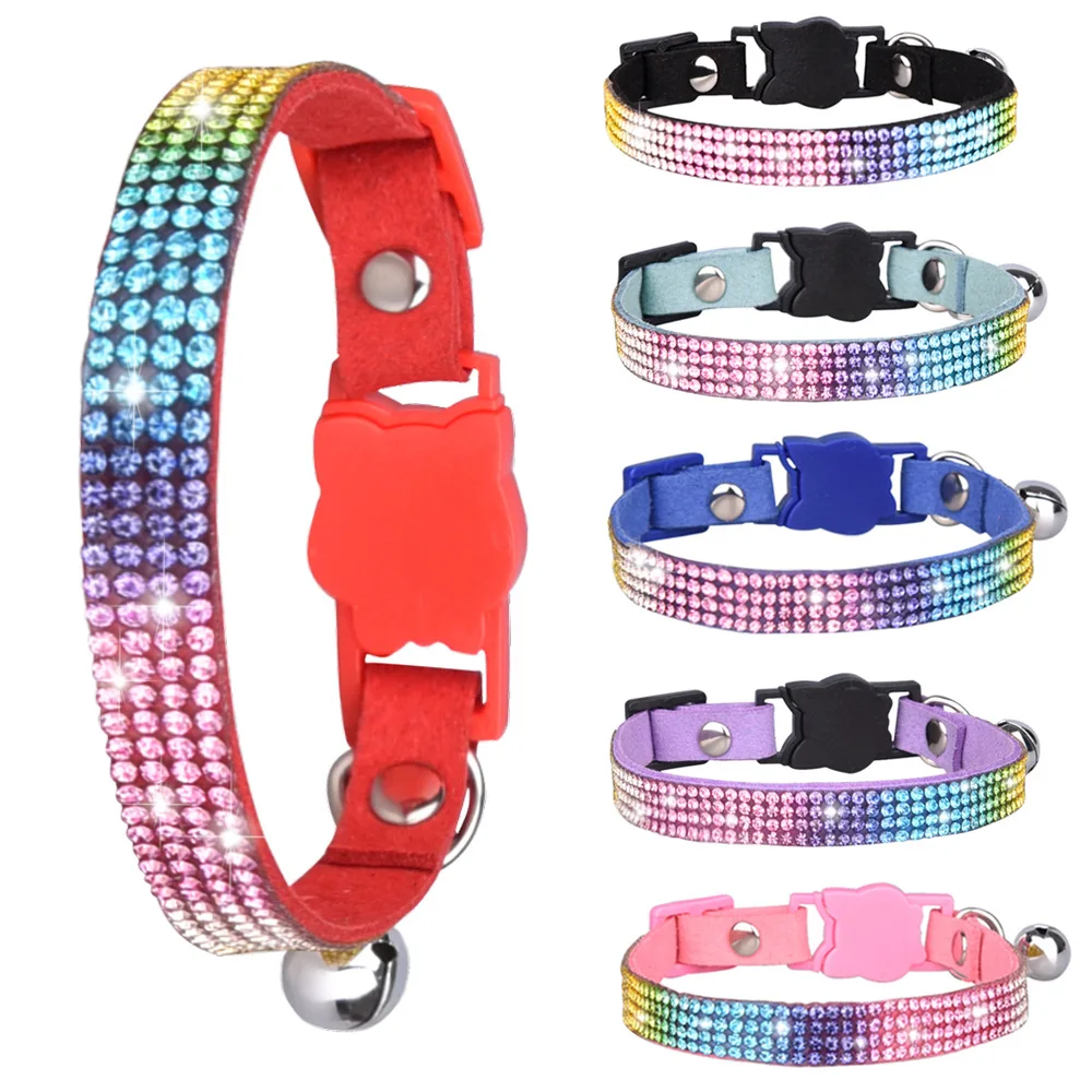 

11 Colors Cats Dog Bells Collars Adjustable Microfiber Buckles Fashion Shiny Rhinestones Pet Collar Supplies for Accessories