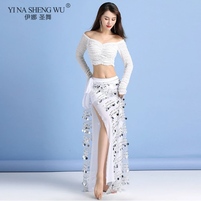 

Женский костюм для танца живота, индийский сексуальный костюм для выступлений, топ с блестками, длинная юбка для восточных танцев, блестяща...