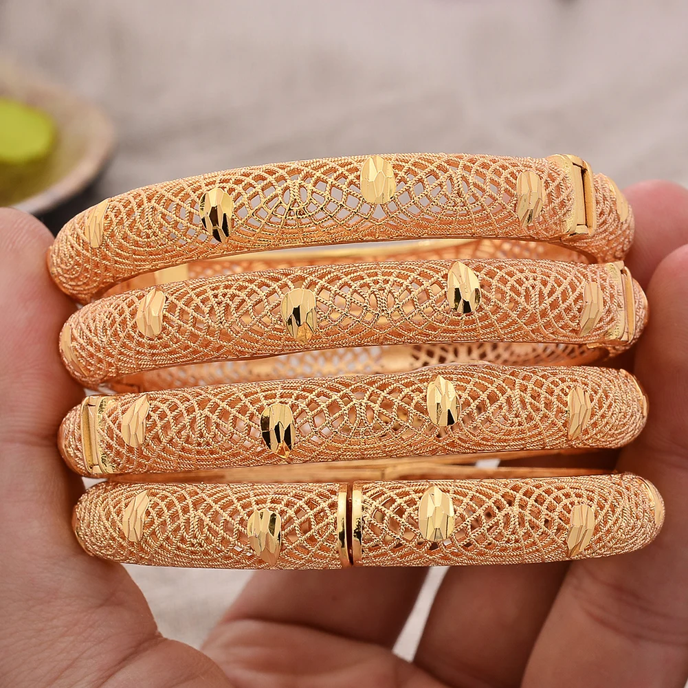 

4Pcs/lot Wide Dubai Israel Arab Africa Bangles Gold plated Bracelet wedding bridal gifts for Wife women Jewelry