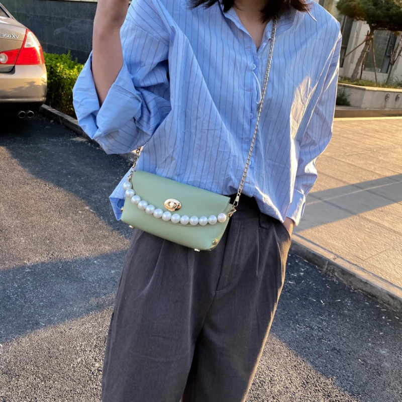 

Mini PU Crossbody Bags For Women Pearl Beaded Handbag Chain Fashion Shoulder Bag Female Soft Leather Casual Trendy Bolsa Totes