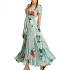 Платье женское длинное в богемном стиле, праздничное Пляжное Платье макси с цветочным принтом, с V-образным вырезом и размера плюс коротким рукавом, лето
