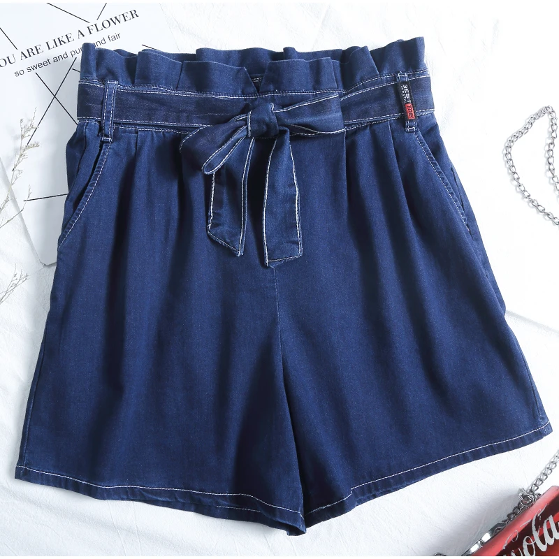 Женские короткие джинсы с высокой талией и бантом лента завязкой большие размеры