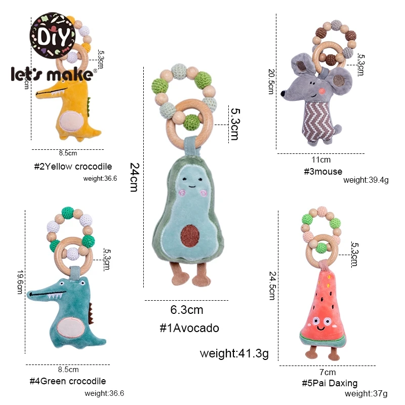 

Let's Make Baby Rattle Toys Beech Wood Teething Toys Avocado Watermelon Animal Bracelet Toys Soother Chain Baby Rattle