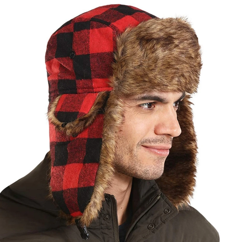 

Cycling Plaid Trapper Bomber Fur Hats for Skiing Skating Snowboarding Men Women Ear Protector Caps Camping Hiking Sport Tools