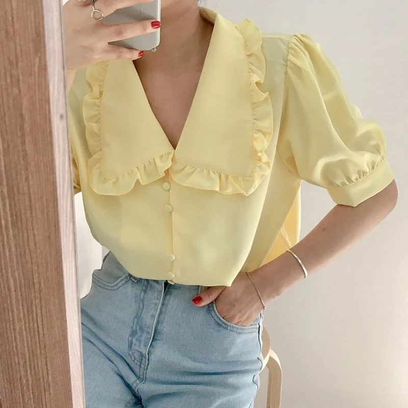 

ZCSMLL Korean Gentle Yellow Doll Collar Tops Single-breasted Loose Short-sleeved Chiffon Women Shirt Ruffles 2021 Spring Summer