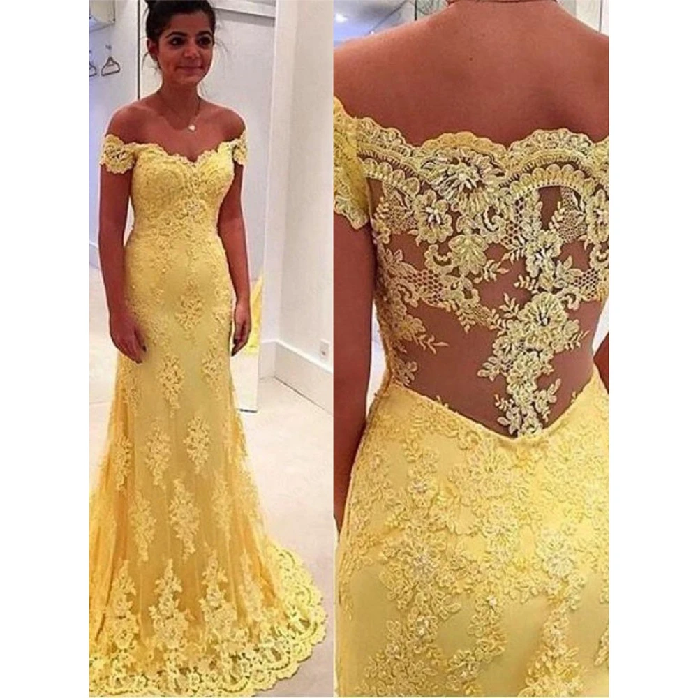 

Dinner Dresses For Women Spaghetti Straps Mermaid Appliques Beading Ruffles Dreamy Yellow Handworksmother of the bride dress
