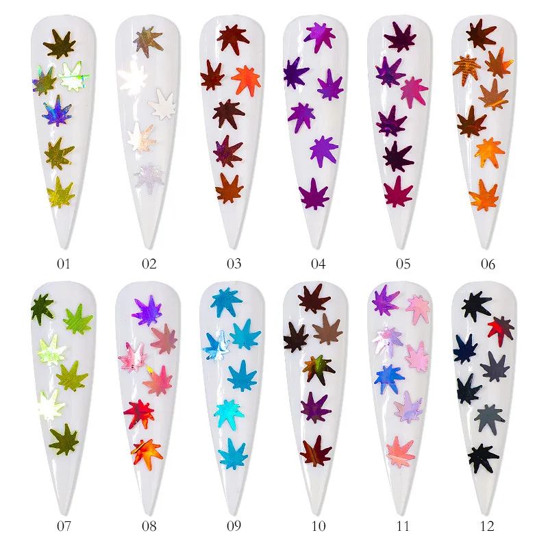

12 colors/set nail art maple leaf sequins laser nail stickers autumn maple leaf design nail decoration polishing accessories