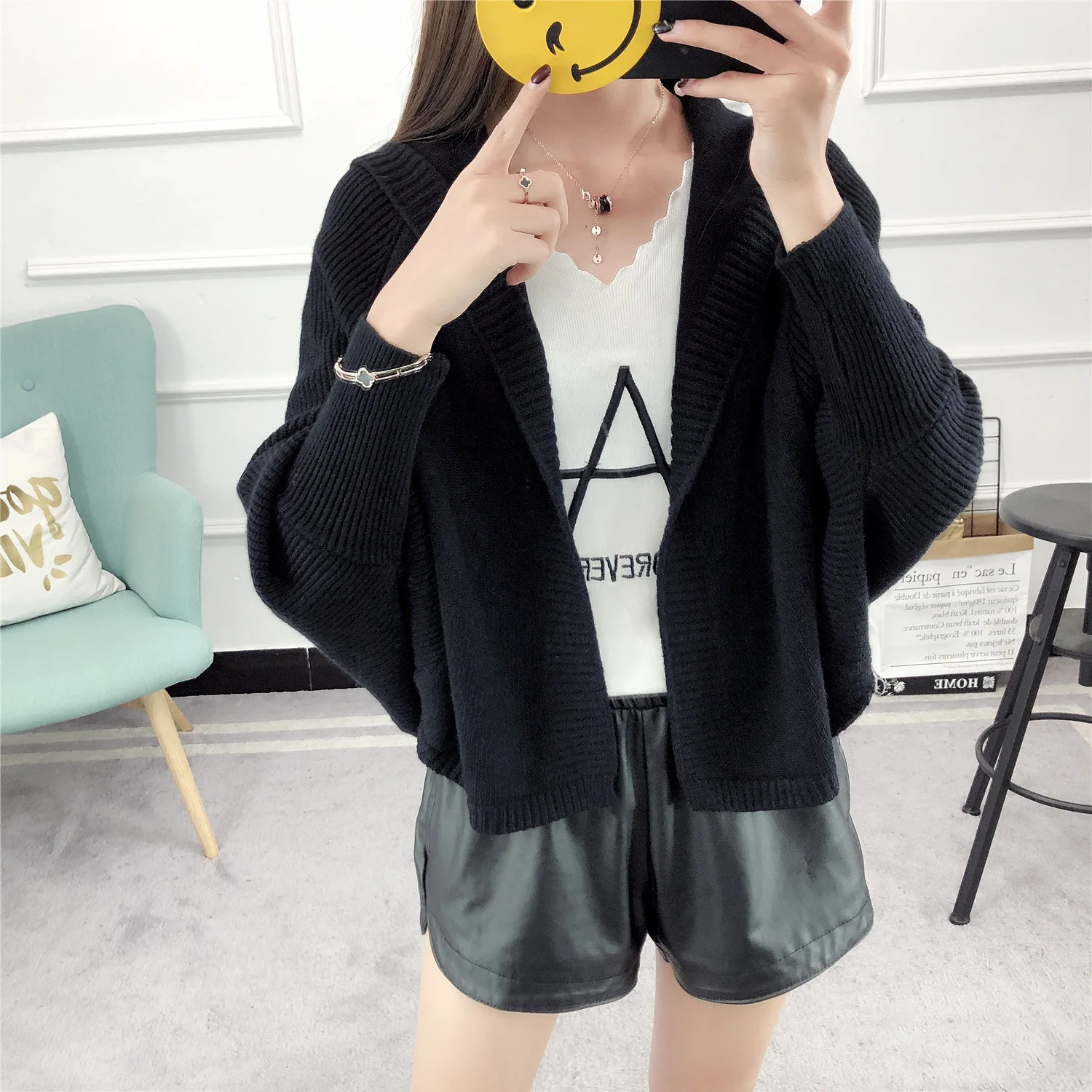 Кардиган свитер для женщин рукав летучая мышь с капюшоном сплошной цвет вязаный