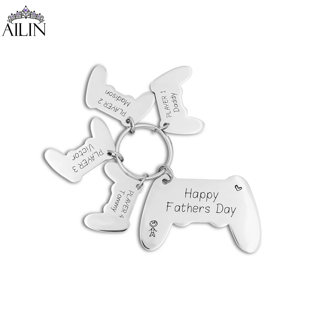 

AILIN Wholesale Customize Game Controllers Keychain Names Letter Engraving Stainless Steel Father's Day Family Gift For DAD