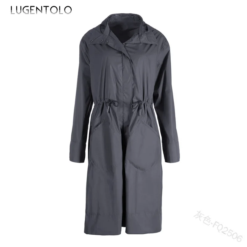 

Lugentolo Women Trench Coat Autumn Winter Hoodie Women's Drawstring Long Coats Casual Zipper Pocket Jackets Solid Fashion Trench