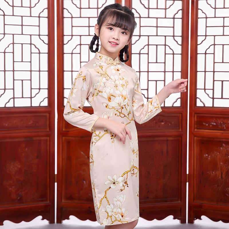 Long Sleeve Peony Chinese Traditional Dress Girls Cheongsam Qipao Style Cute Baby | Детская одежда и обувь