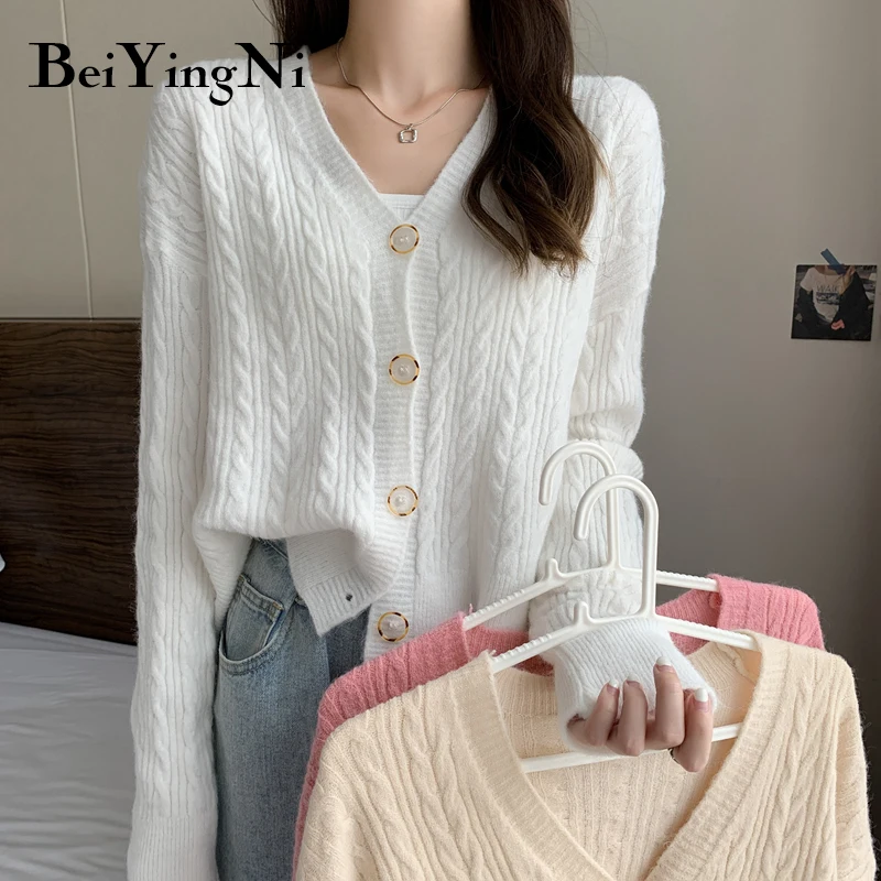 

Beiyingni Female Cardigan Autumn Winter Korean Fashion Solid Color Thick Warm Knitwear Jumper Buttons Twist Jacket White Sweater