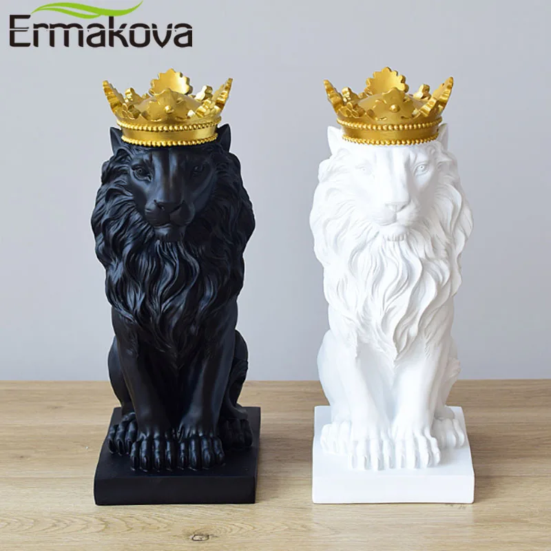 

ERMAKOVA Modern Resin Lion Statue the King of Lion Figurine with Crown Animal Crafts Home Desktop Office Decoration Gift
