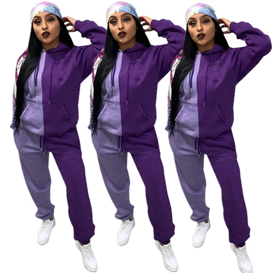 

Autumn Contrast Color Patchwork Women Sets Hooded Neck Long Sleeve Sweatshirt Sports Tops + Ankle Banded Pants Tracksuits Outfit