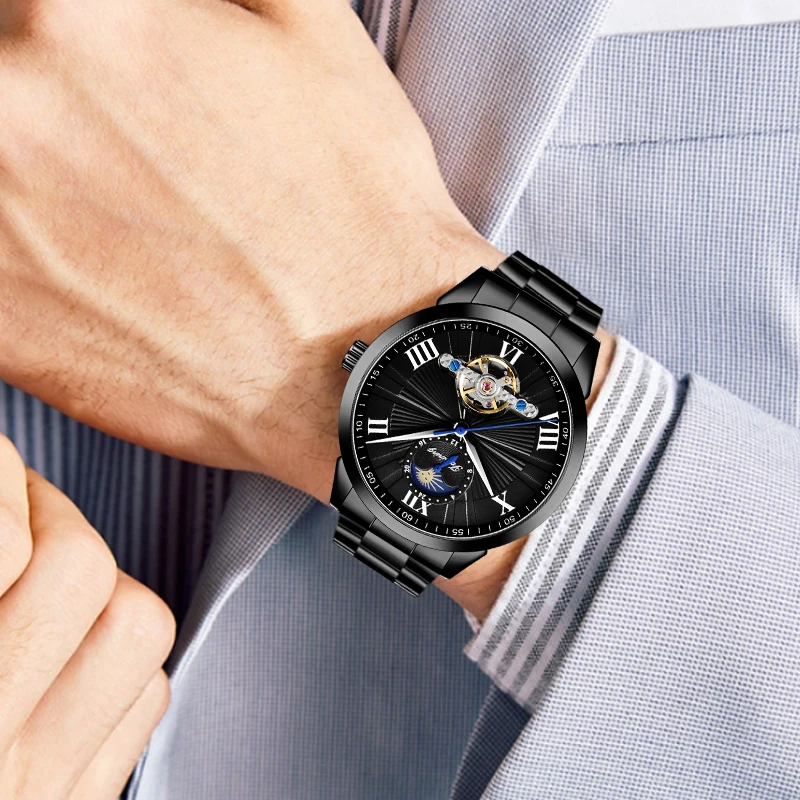 

Forsining Mechanical Watch Men Automatic Tourbillon Moon Phase Stainless Steel Band Business Watches Clock Relogio Men Watches