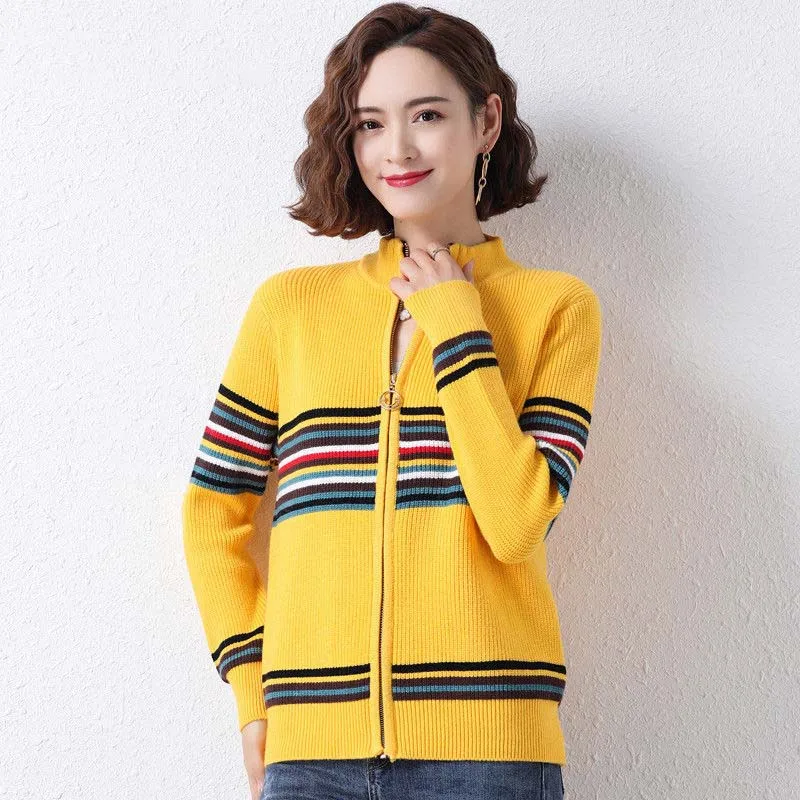 

Sweaters Women's Short Knit Coats 2021 Autumn Knitted Cotton Stripe Splicing Stand Collar Cardigan Jumper Jerseys Sweater Woman
