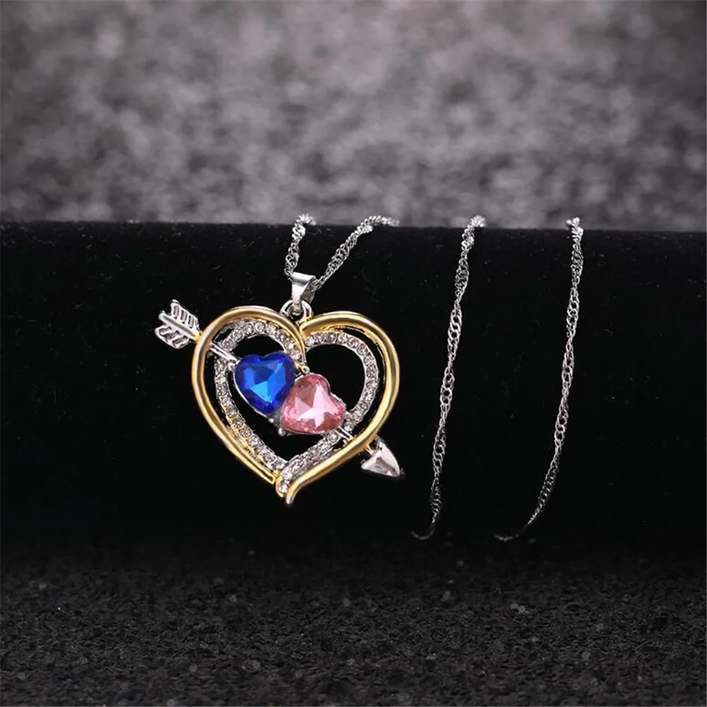 

Exquisite creative heart-to-heart love heart-shaped two-color pendant female full zircon birth stone necklace souvenir gift