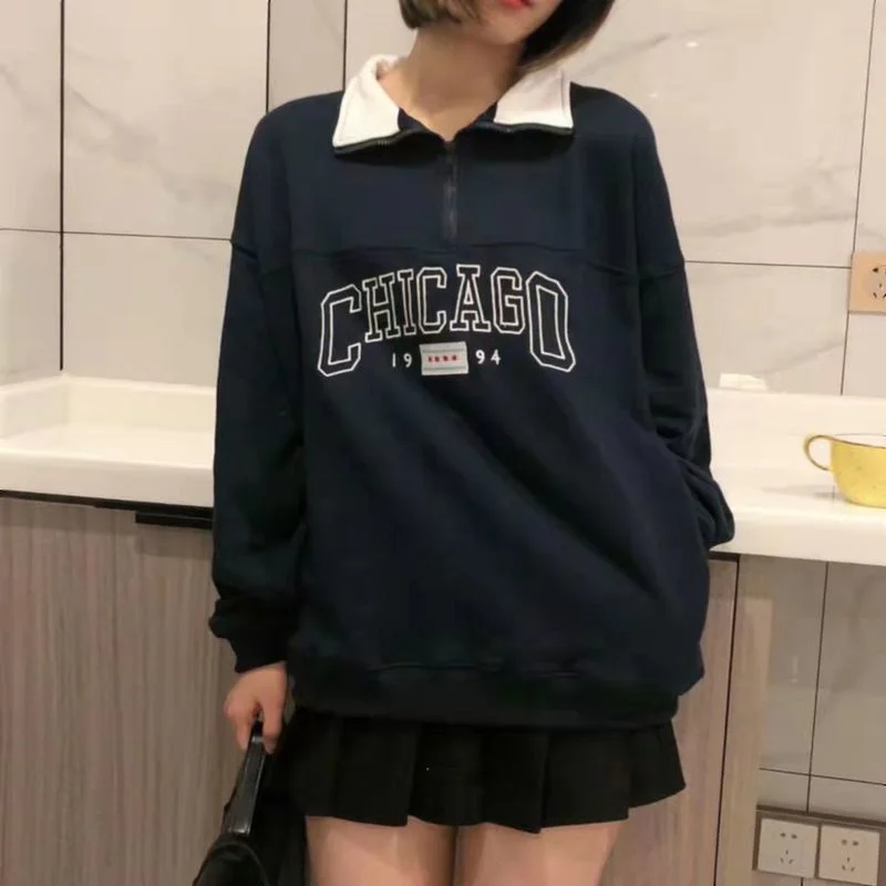 

Dark Blue Zip Up Collar Sweatshirt Women Letter Printing Vintage Brand Fashion Oversized Loose Casual Streetwear New Long Sleeve