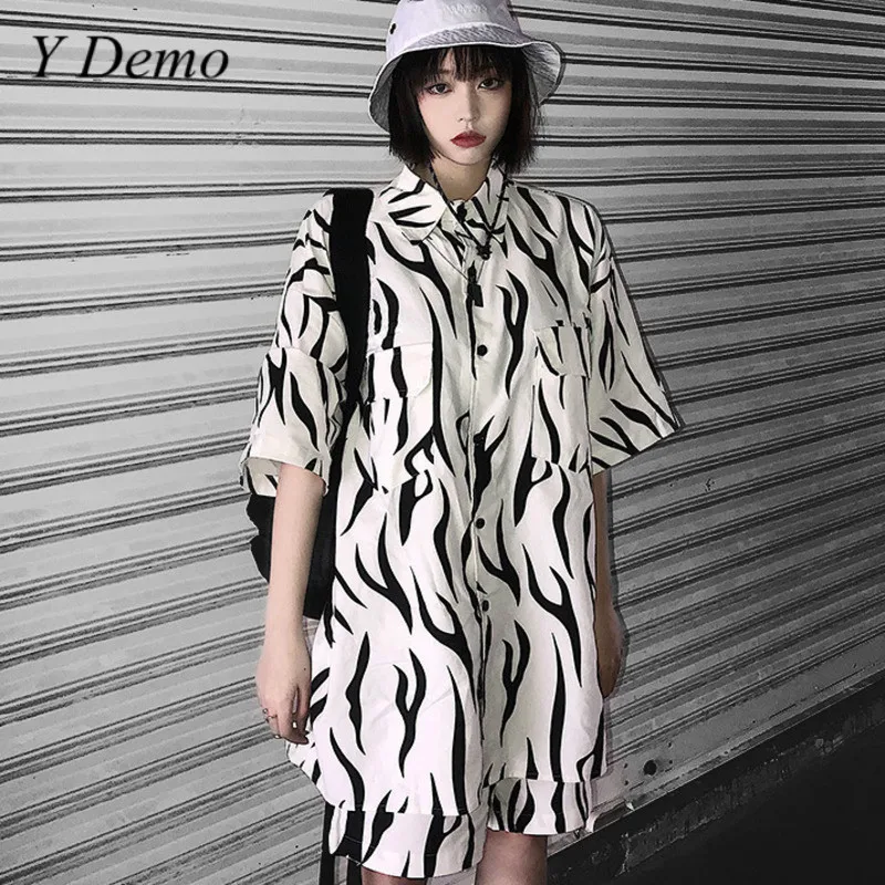 Harajuku Oversized Geometric Women T-shirt Set Loose Turn Down Collar Shirt Knee Length Shorts Summer | Женская одежда