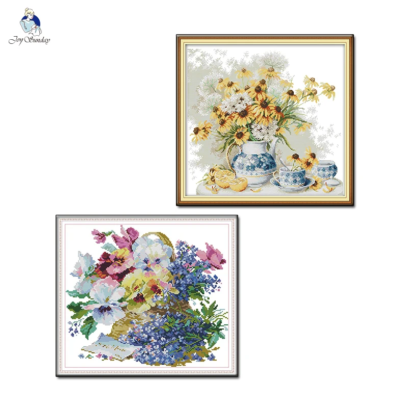 

Joy Sunday Flowers Pattern Stamped Cross Stitch Kits 14CT 11CT Counted Canvas DIY Embroidery Handmade Needlework Sets Home Decor