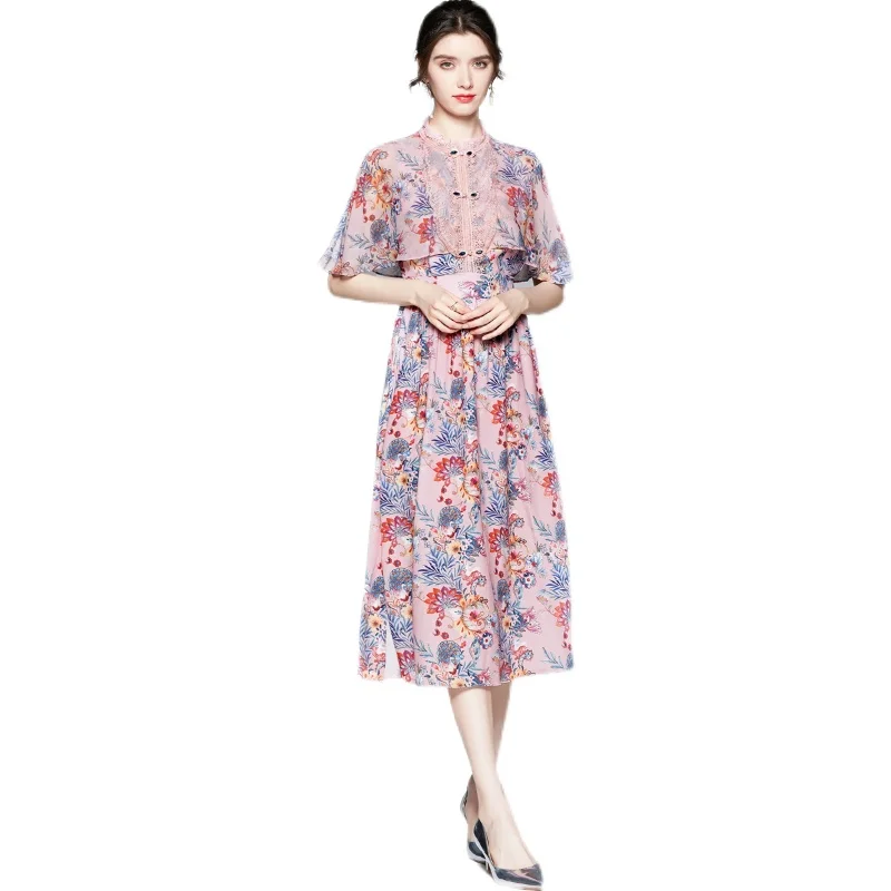 

Sophony Summer Runway Floral Beach Dress Women Stand Collar Shawl Sleeve Splicing Lace Elegant Chiffon Split Long Dress S78884