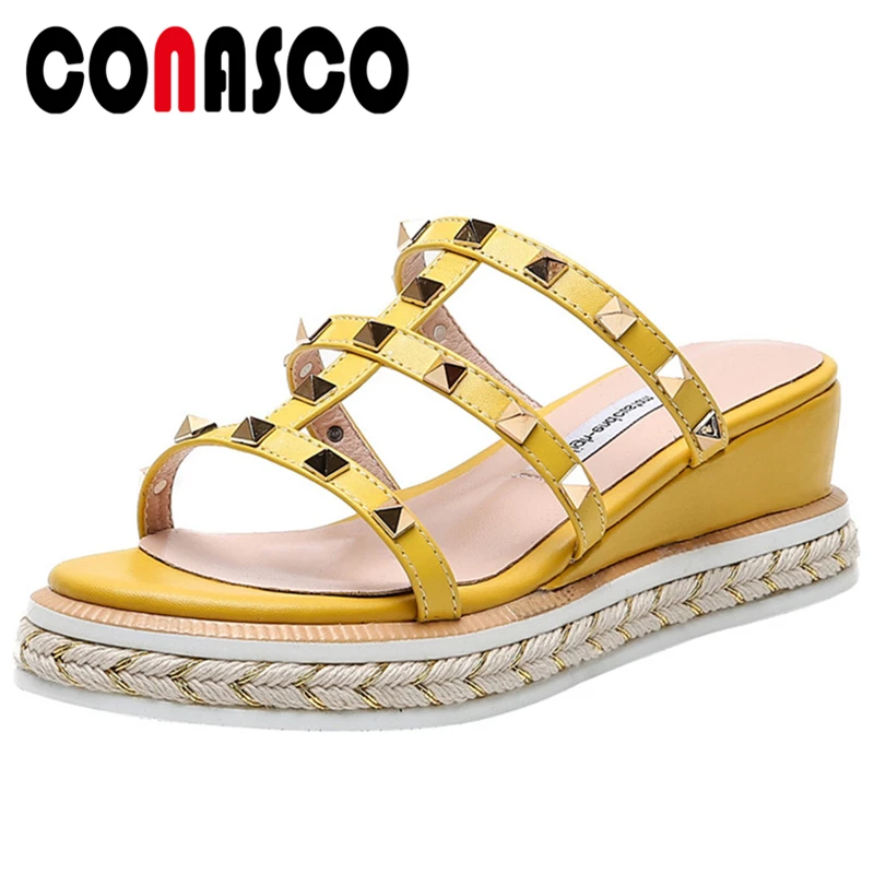 

CONASCO Genuine Leather Women Sandals Slippers Gladiator Narrow Band Summer Rivet Casual High Heels Flats Platform Shoes Woman