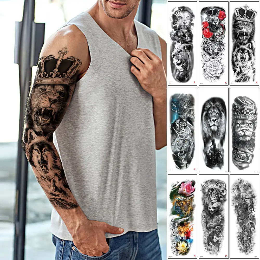 

2pcs Arm Waterproof Temporary Tattoo Sticker Lion Leopard Print Beauty Girl Rose Flash Tatto Woman Tribal Fake Sleeve Tatoo Man