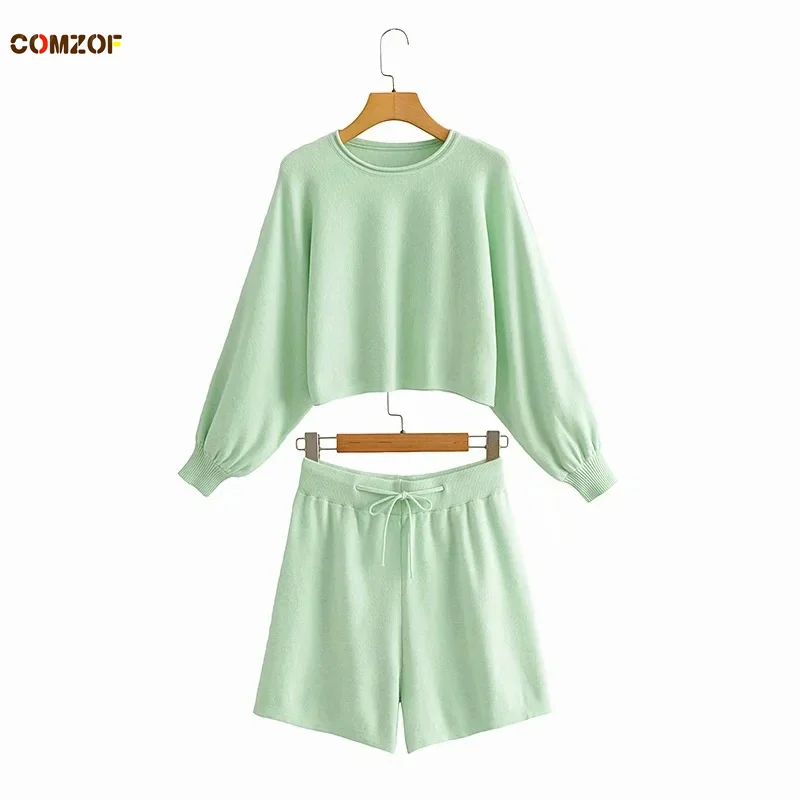 

Sweaters+Shorts Women 2021 Autumn 2 Piece Sets Knitting High Waist Candy Color Clothing Pullover Suits Ensemble Femme