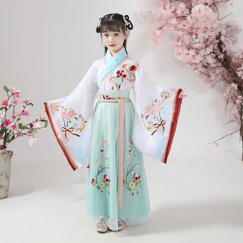

Girls Ancient Folk Dance Wear Lady Vintage Hanfu Cospaly Costume Fairy Chinese Traditional Han Dyansty Princess Dress