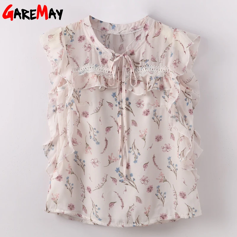 Блузка женская с оборками шифоновая Свободная рубашка без рукавов цветочным