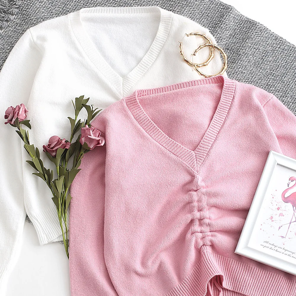 

ZAFUL Cinched Front V Neck Pullover Sweater For Women Long Sleeve Short Cotton Tops Autumn Spring Newest 2019