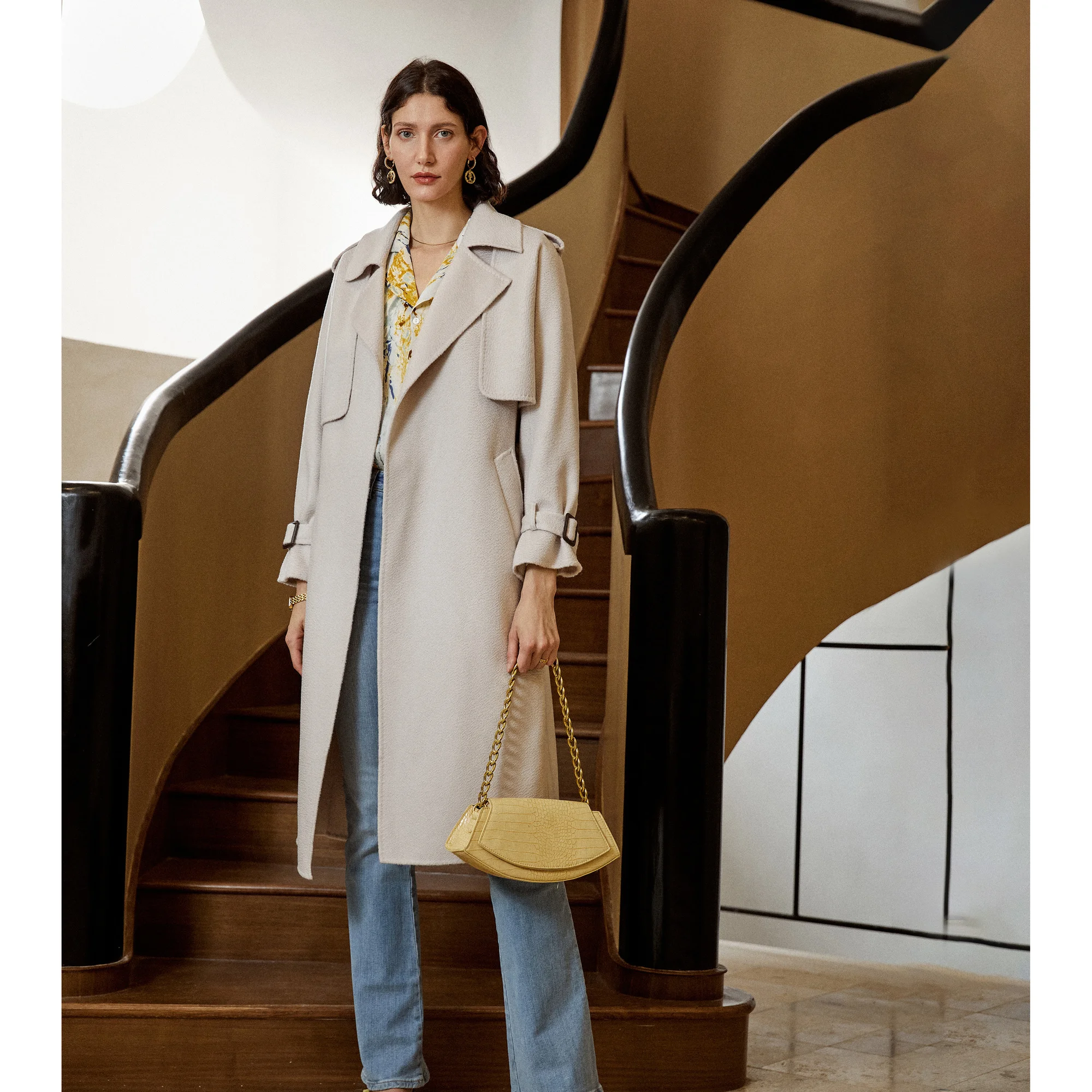 

Женское кашемировое пальто Shzq, белое приталенное двухстороннее пальто средней длины, осень 2021