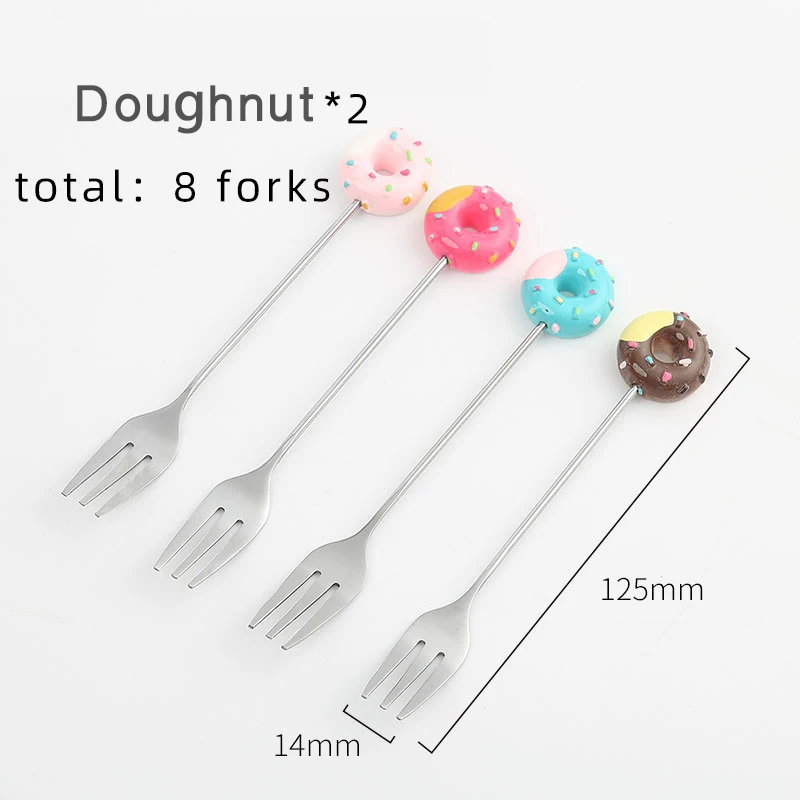Donuts 8 вилок пончик Микки мультфильм фрукты вилка 8 композиций креативный милый 304 нержавеющая сталь Вилка для торта, десертная - Цвет: Donuts