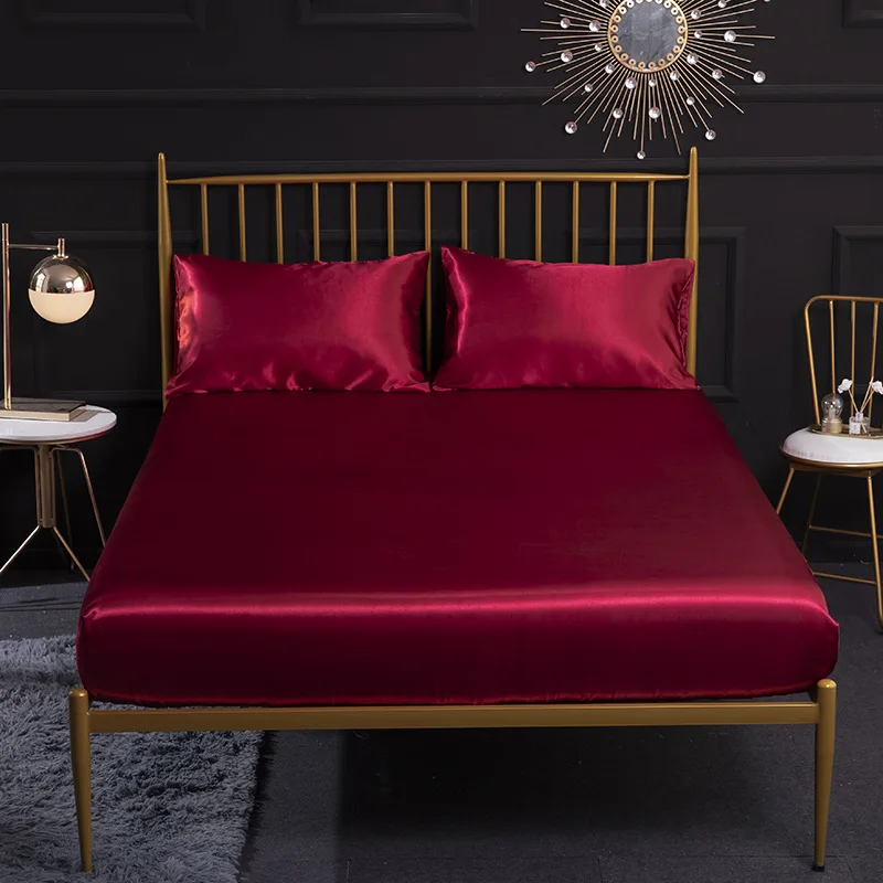 

Satin Fitted Sheet Solid Soft Bed Sheets With Pillowcase 3PCS Elastic Band Drap Housse de Matela Twin Queen King Size Red