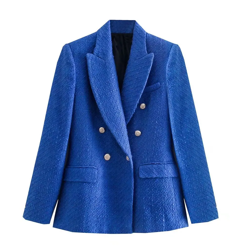 

TRAF Za Blue Tweed Blazer Women Double Breasted Jacket Woman Fall 2021 Long Sleeve Office Blazer Women Textured Female Blazers