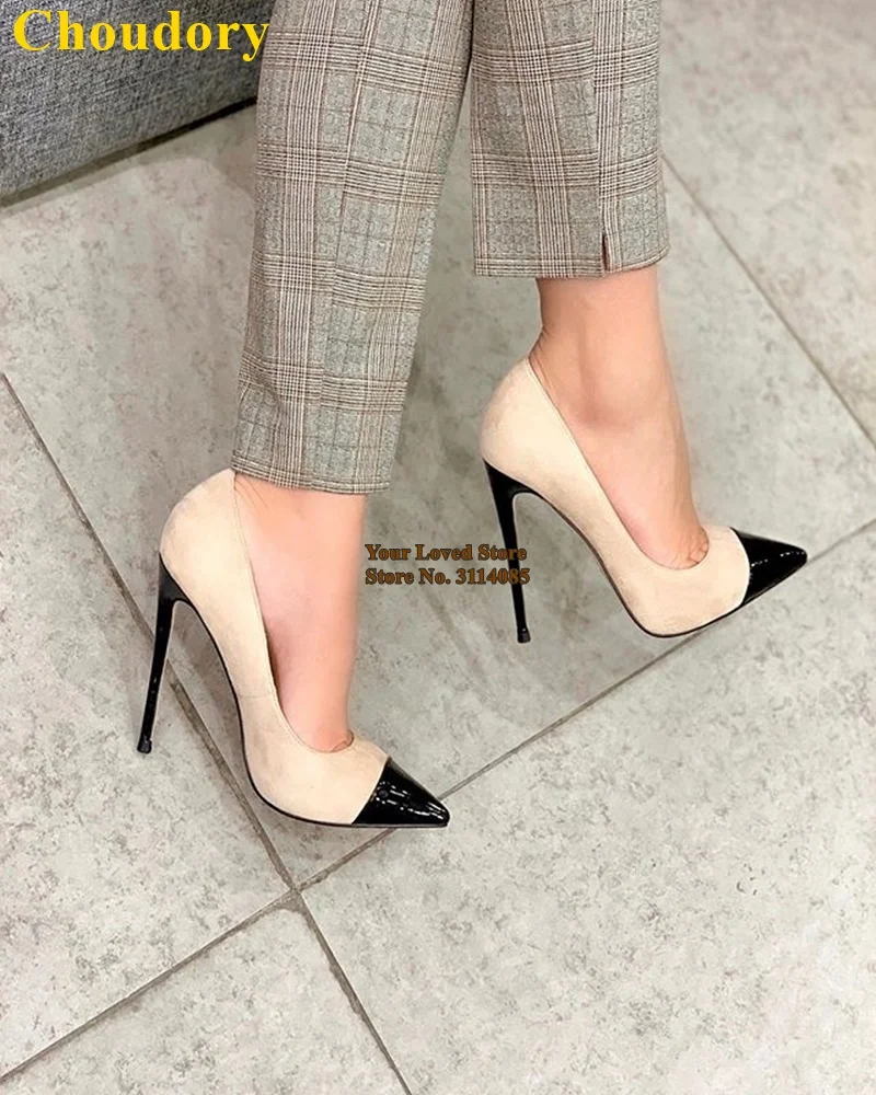 Дизайнерские бежевые замшевые туфли лодочки Choudory в стиле пэчворк женские черные