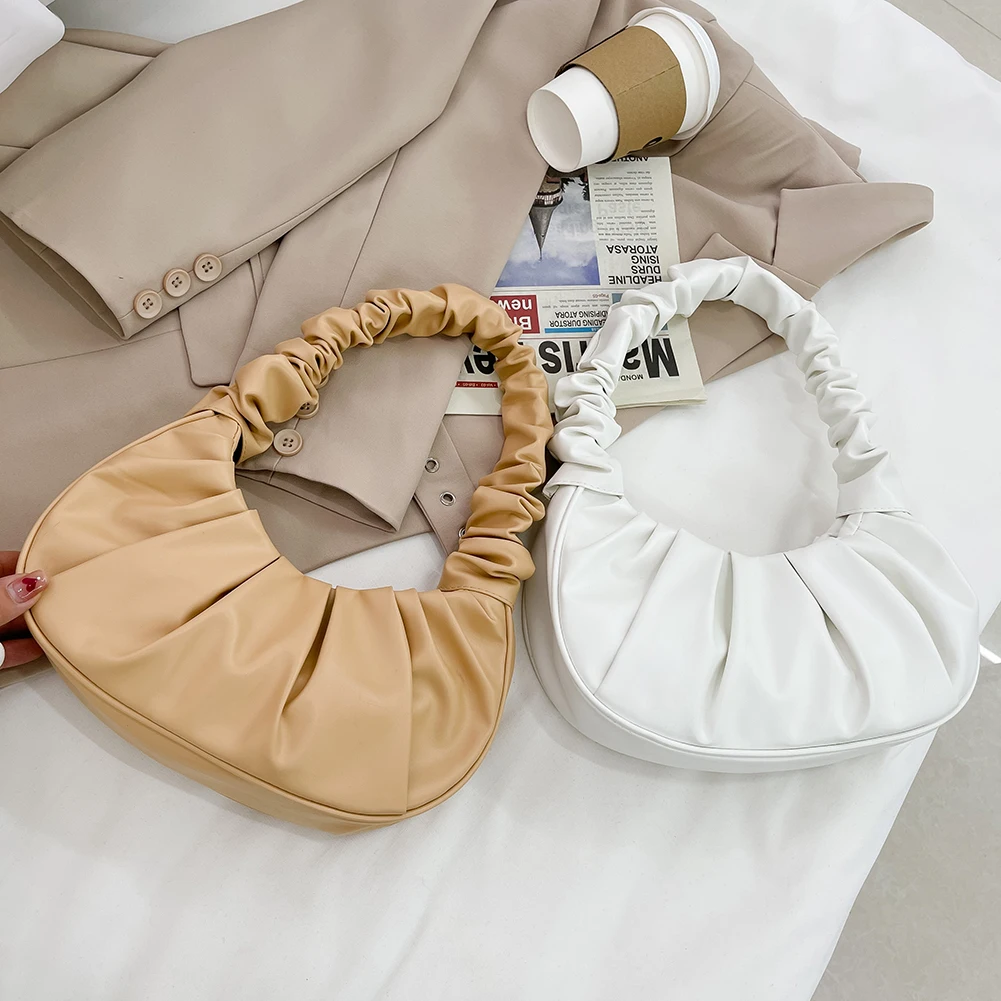 

Fashion Women's Bag Casual Wild Pure Color Pleated PU Leather Shoulder Underarm Bag Ladies Clutch Vintage Top-handle Bag Handbag