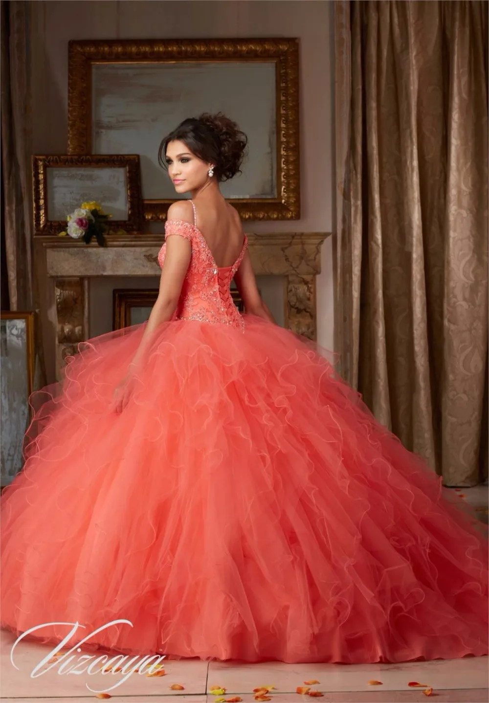 

Coral Cheap Quinceanera Dresses Ball Gown Off The Shoulder Tulle Appliques Beaded Puffy Sweet 16 Dresses