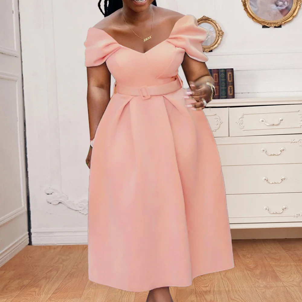 

Plus Size Dress Sexy Slash Neck High Waist A Line Midi Robe Femme Vestiods 2021 Summer African Party Christmas Dresses With Belt