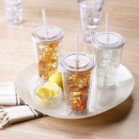 500ml double layer plastic cup with straw double walled smooth mug coffee cup drink plastic iced travel cold tea reusable