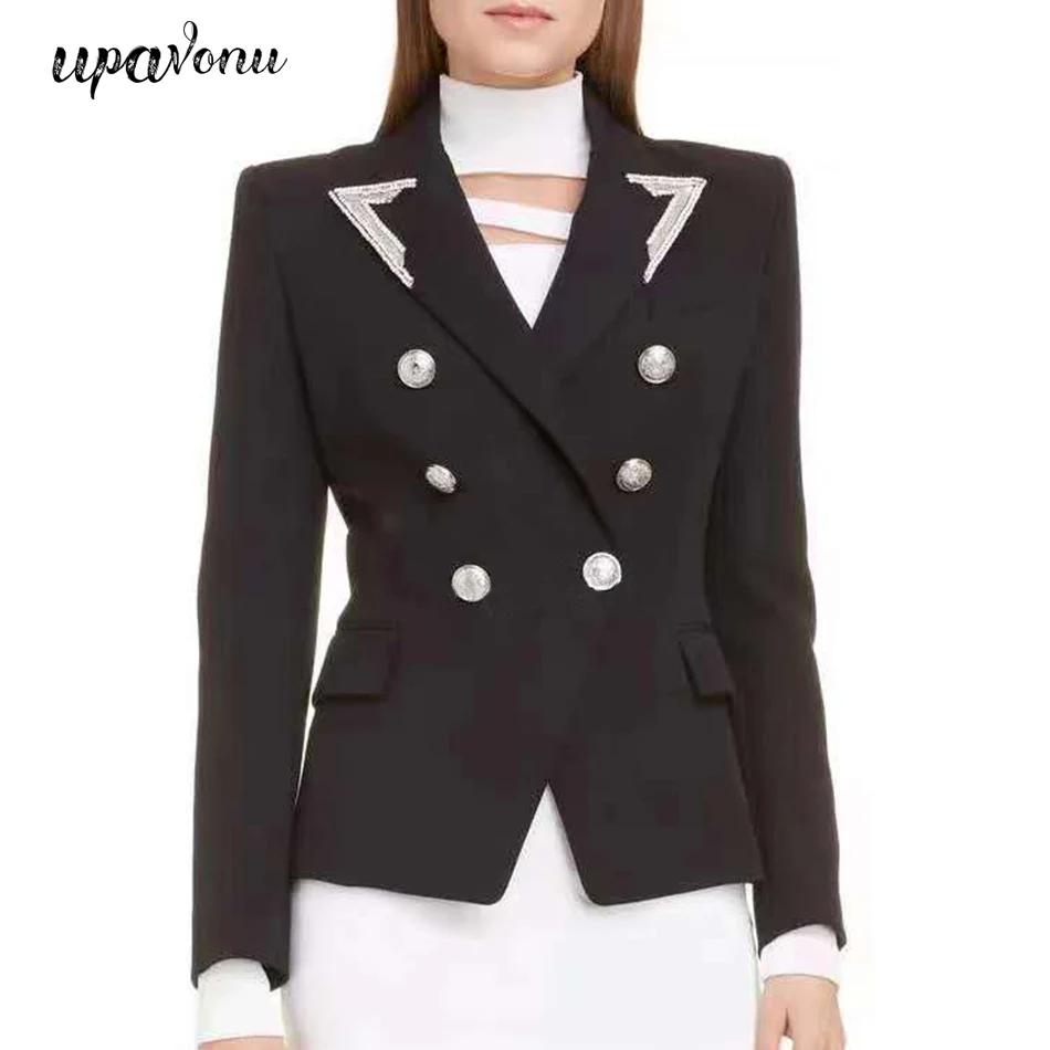 

TOP QUALITY 2020 Black White Blazer Women's Office Formal Beaded Lapel Double Breasted Buttons Blazer Women Blazers Jacket