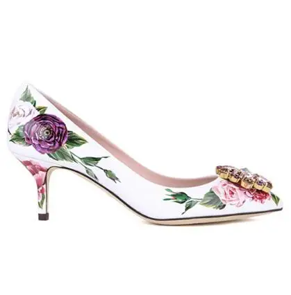 white 5cm heel Роскошные свадебные вечерние туфли на высоком каблуке с цветочным принтом и блестящими кристаллами; женские туфли-лодочки на шпильке с острым носком; Каблук 5 см; Каблук 9 см - Цвет: white 5cm heel