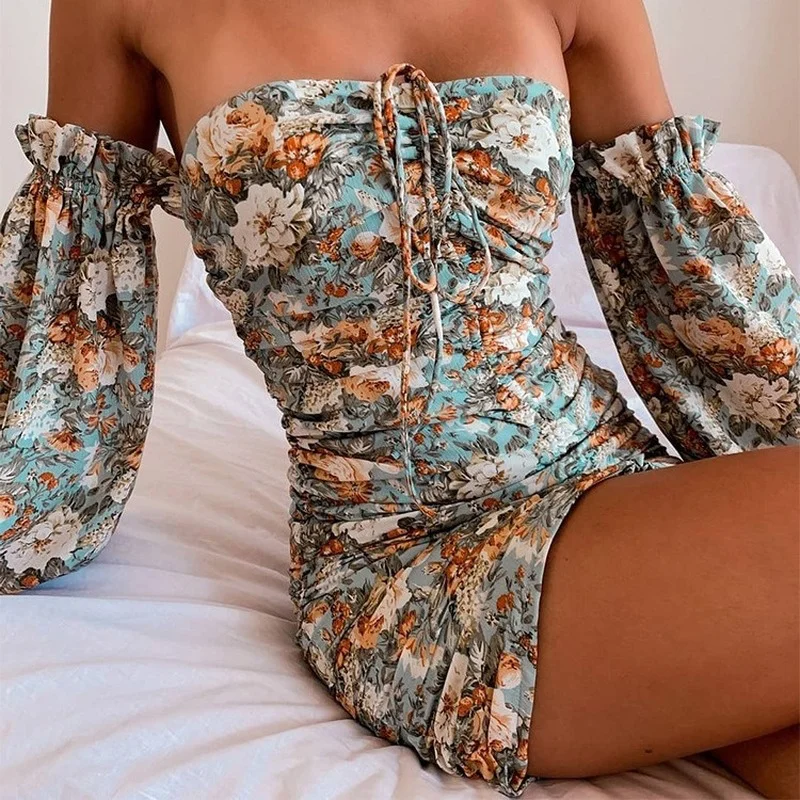 

Women's Dress Floral Pleated Elegant Fashion Long Sleeved Slash Neck Dress