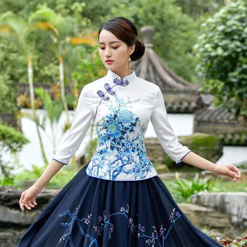 

4XL Plus Size Woman's Chinese Traditional Clothing Elegant Shirts Ancient Chinese Cheongsam Qipao Blouse Tops Blue