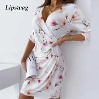 women floral print summer dresses 2021 sexy deep v neck 34 sleeve beach dress ruffle a line mini party dress wrap sundress robe