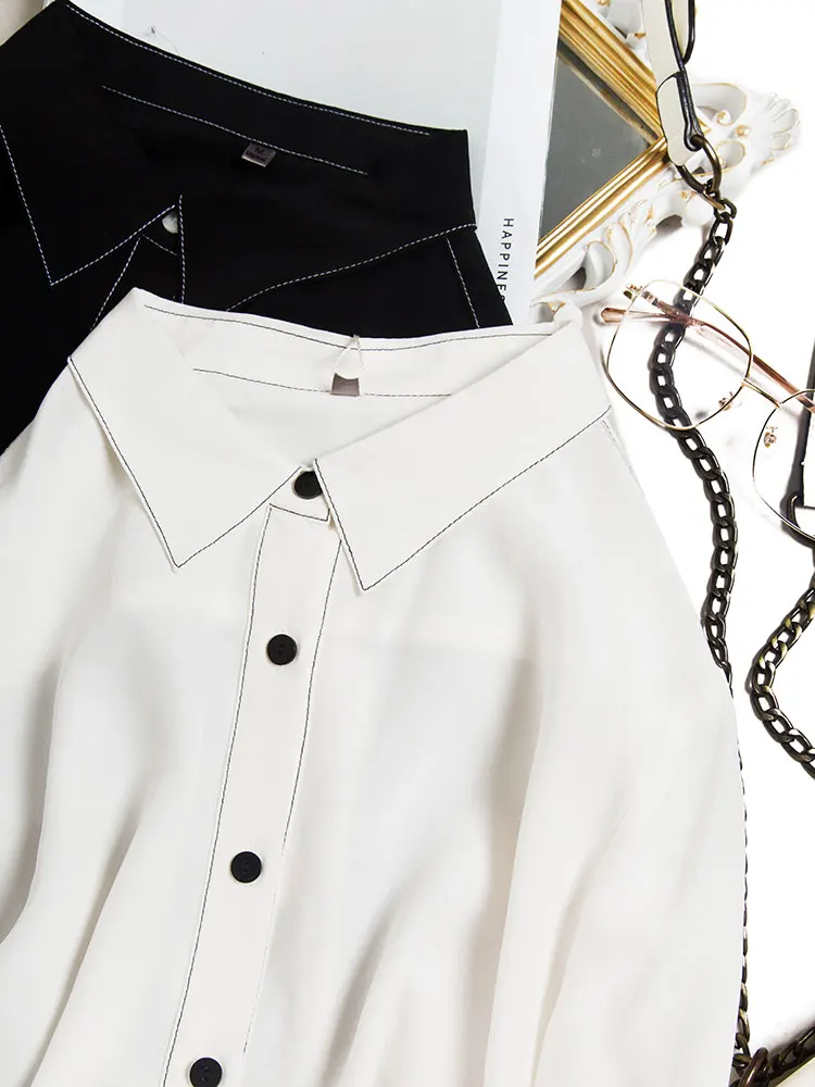 

Graceful Temperament Ol Wind Mulberry Silk Silk Thickened Bright Line Contrast Color Simple Long Sleeve Silk Shirt Female