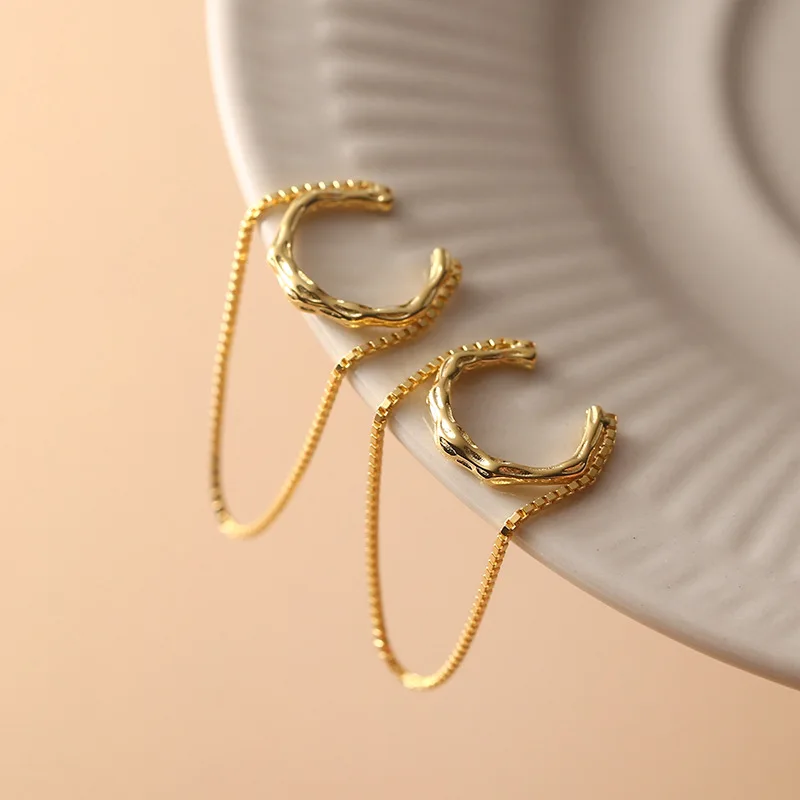

Real 925 Sterling Silver Geometric Ear Cuff Wraps Simple Long Tassel Box Chain Cartilage Earrings Fine Jewelry for Women